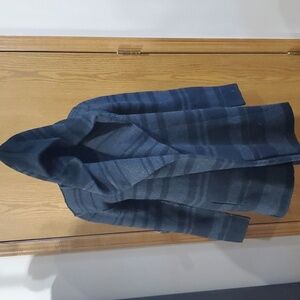 Vince hooded long open front grey striped yak wool blend sweater